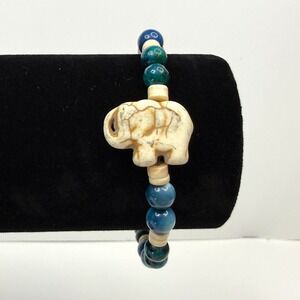 Cold Stone Elephant Charm Beaded Bracelet Agate Glass Colorful Beads Jewelry